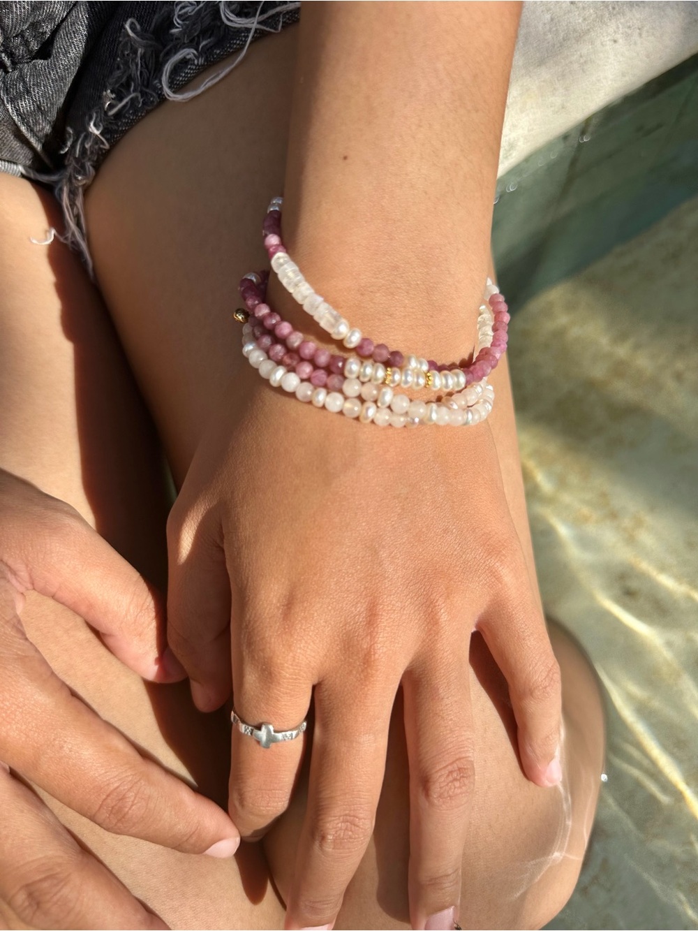 Pink Ruby, Moonstone and Bali Pearl White Beaded Wrap Bracelet with Gold Accents